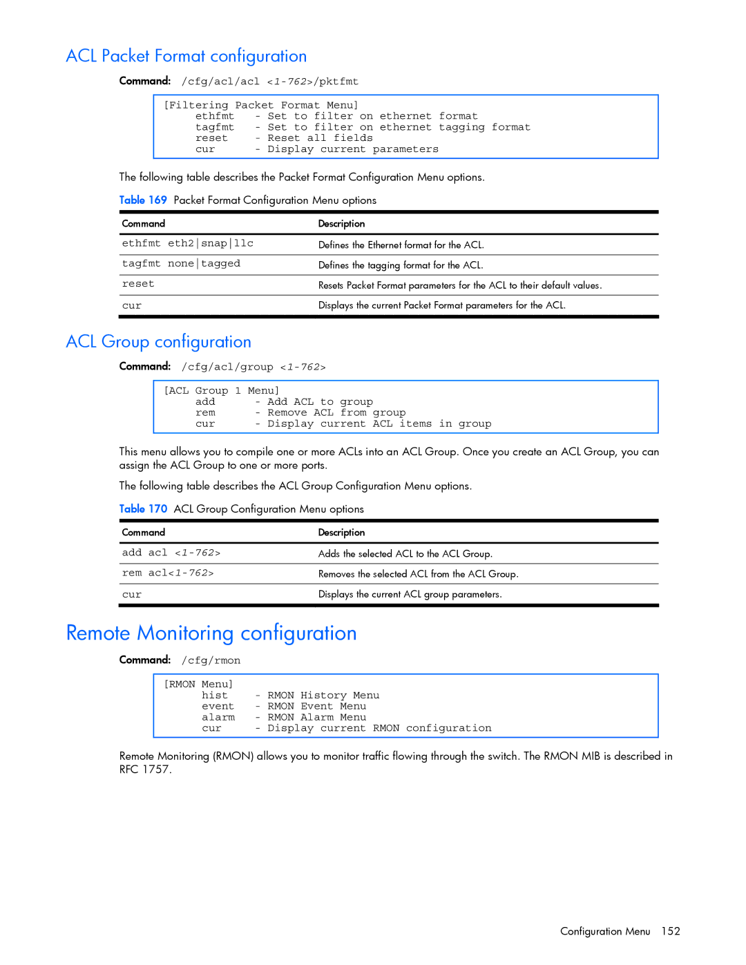 HP GbE2c manual Remote Monitoring configuration, ACL Packet Format configuration, ACL Group configuration 