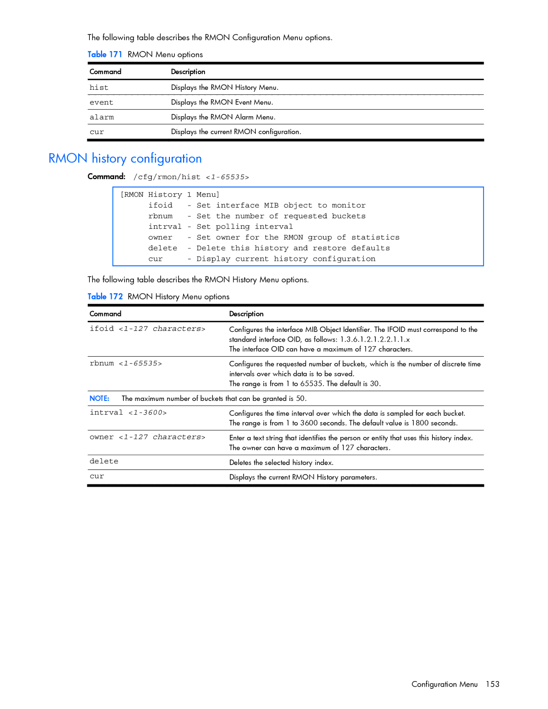 HP GbE2c manual Rmon history configuration, Ifoid 1-127 characters, Owner 1-127 characters 