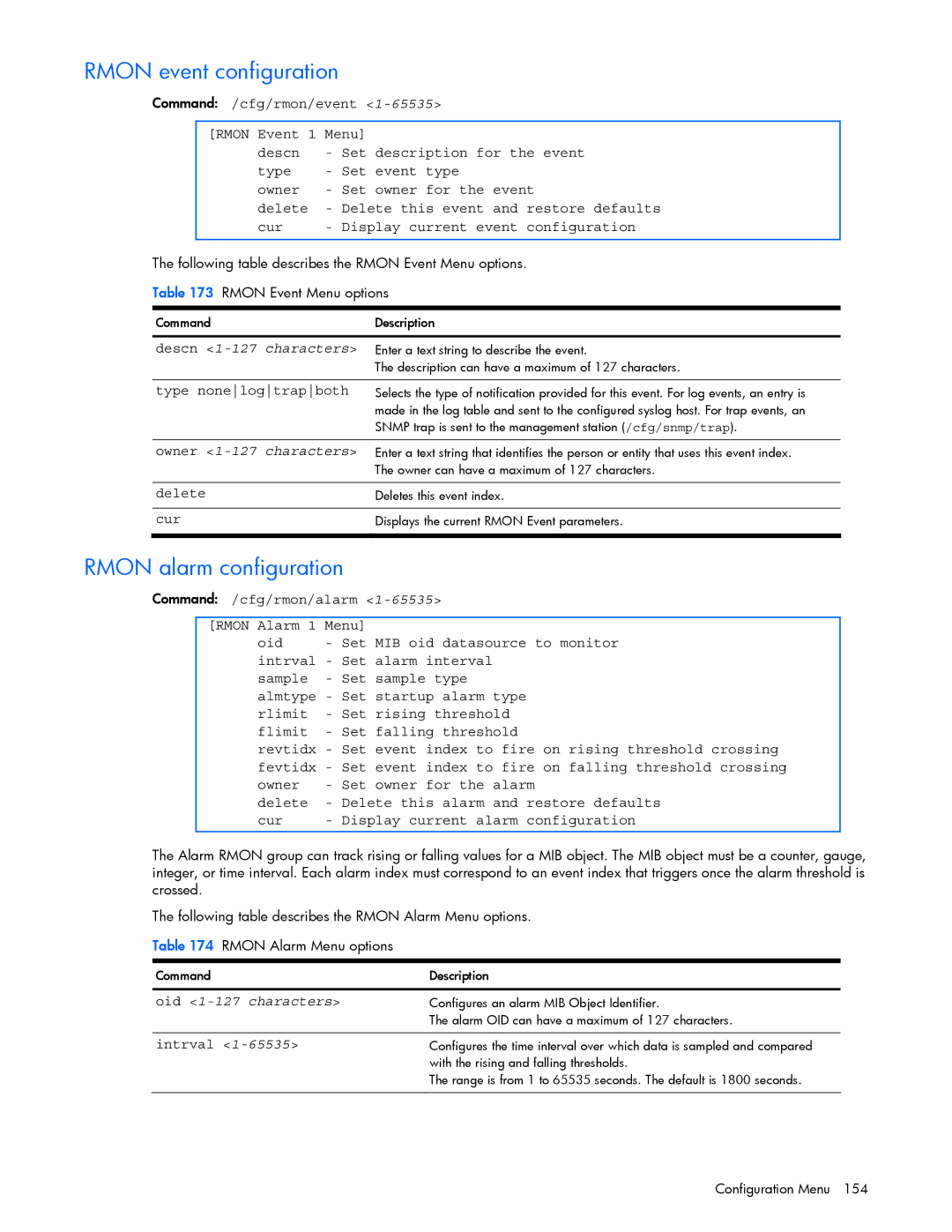 HP GbE2c manual Rmon event configuration, Rmon alarm configuration, Descn 1-127 characters, Type nonelogtrapboth 