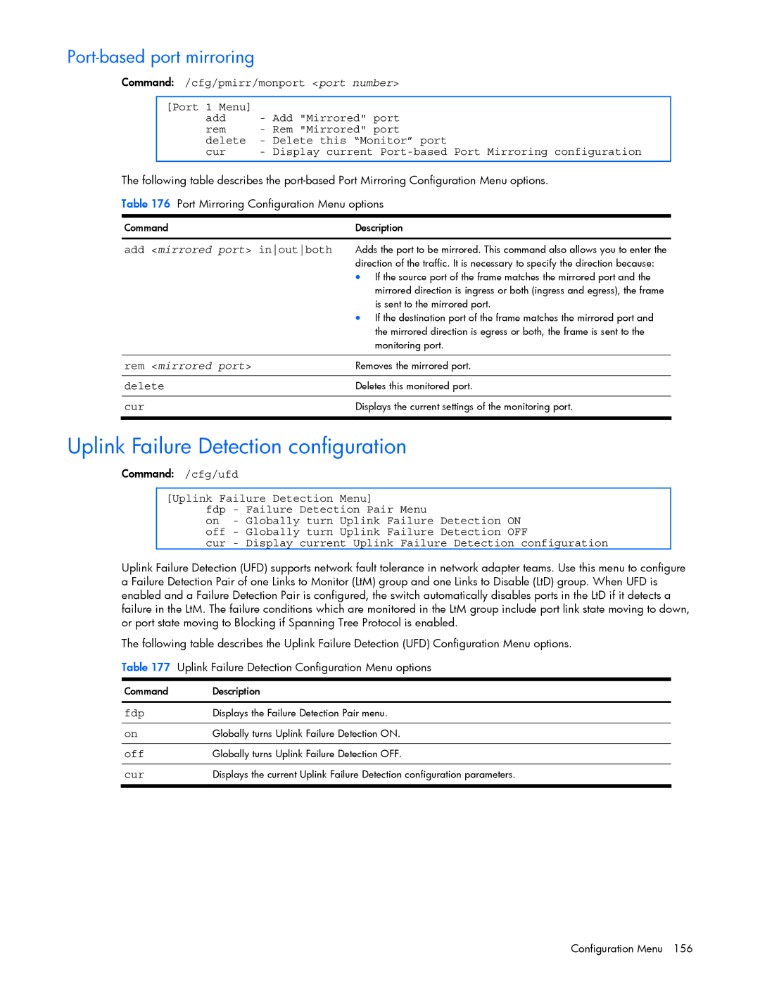 HP GbE2c Uplink Failure Detection configuration, Port-based port mirroring, Add mirrored port inoutboth, Rem mirrored port 