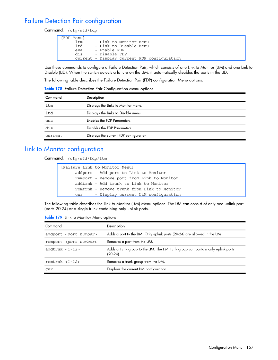 HP GbE2c Failure Detection Pair configuration, Link to Monitor configuration, Addport port number, Remport port number 