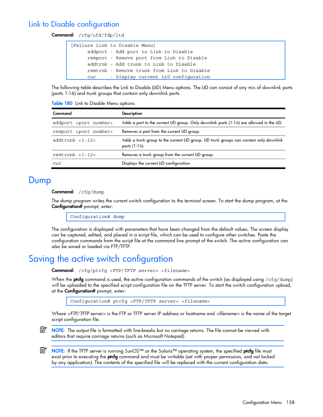 HP GbE2c manual Dump, Saving the active switch configuration, Link to Disable configuration 