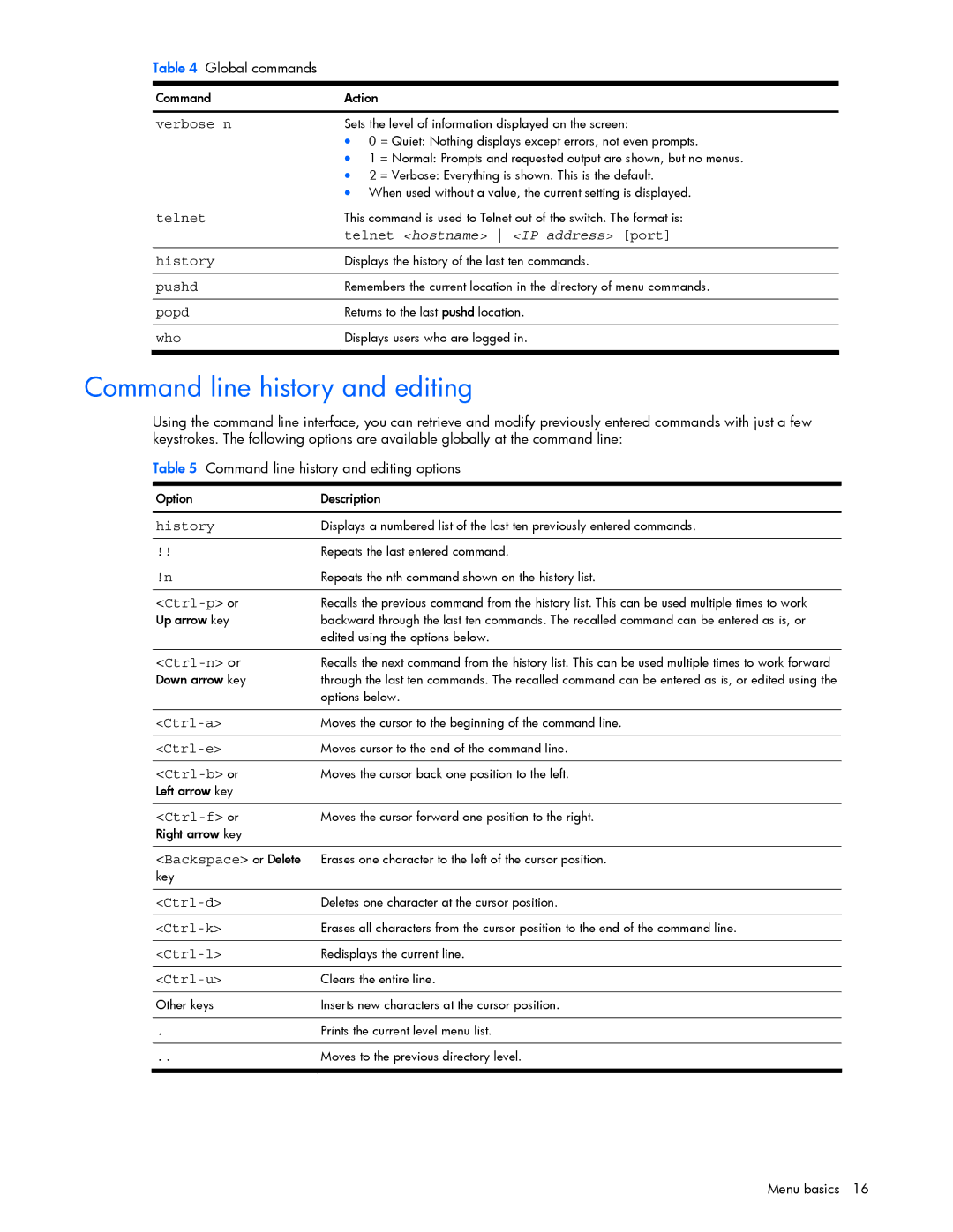 HP GbE2c manual Command line history and editing, Telnet hostname IP address port 