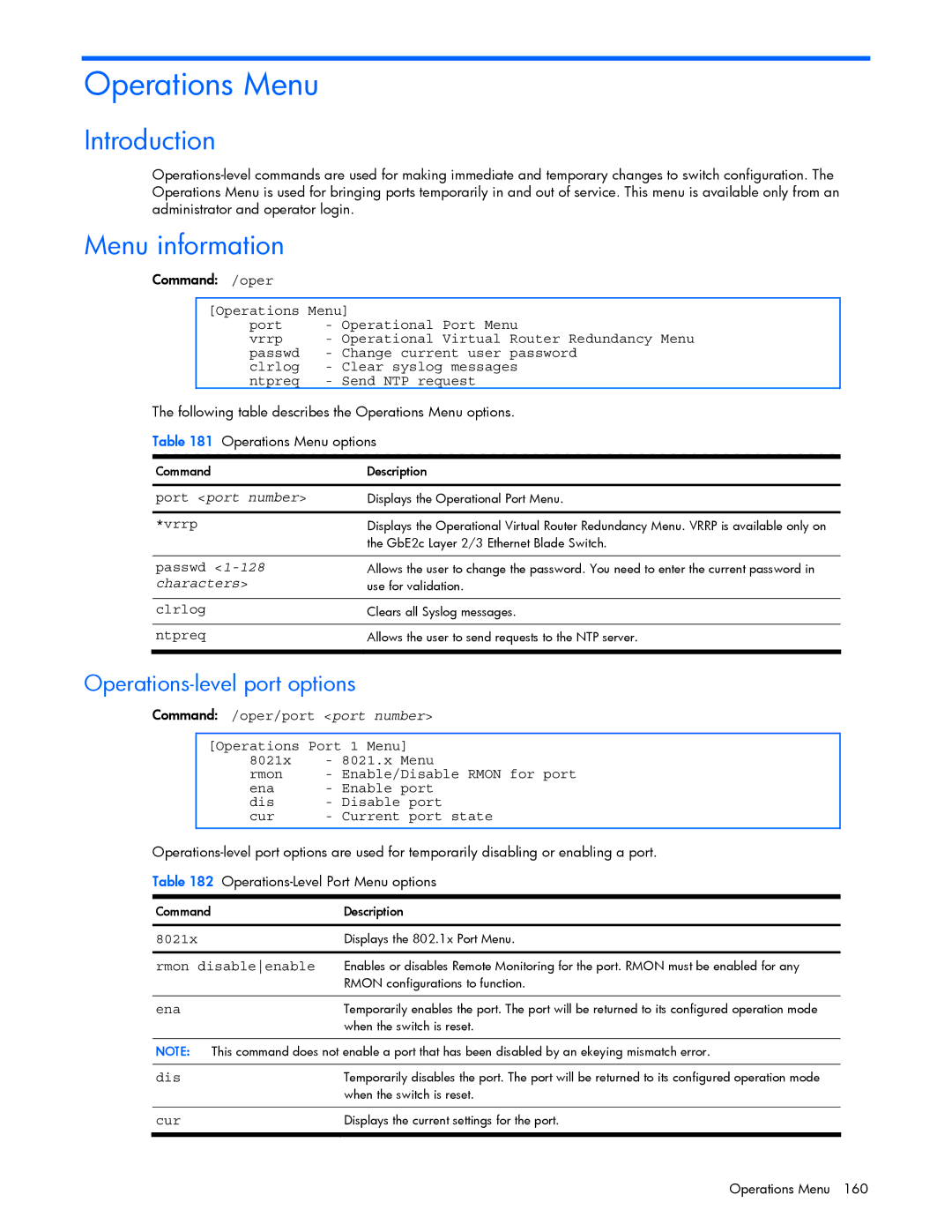 HP GbE2c manual Operations Menu, Operations-level port options 