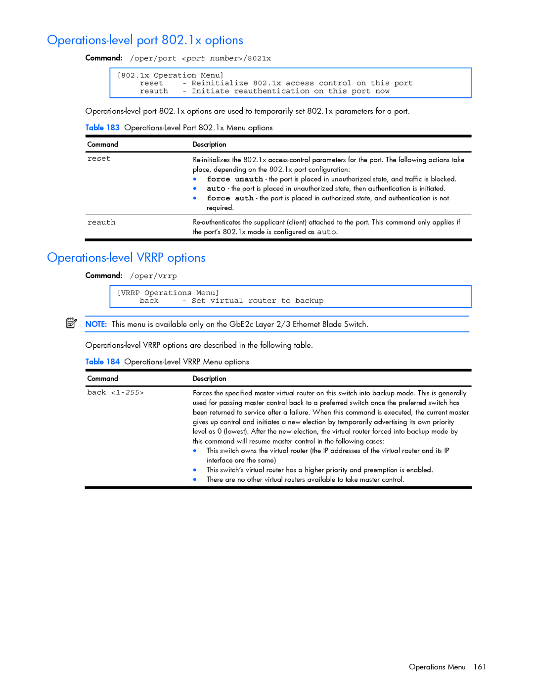 HP GbE2c manual Operations-level port 802.1x options, Operations-level Vrrp options, Reset Reauth 