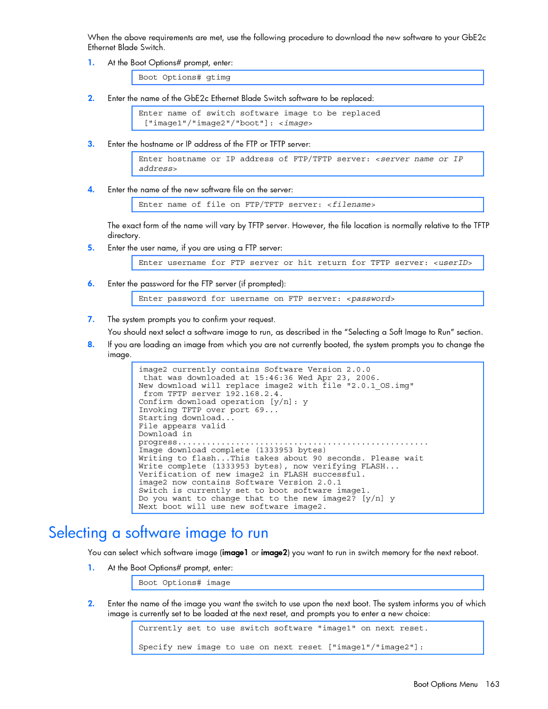 HP GbE2c manual Selecting a software image to run, Address 