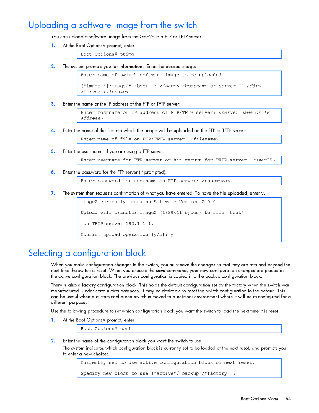 HP GbE2c manual Uploading a software image from the switch, Selecting a configuration block, Boot Options# ptimg 
