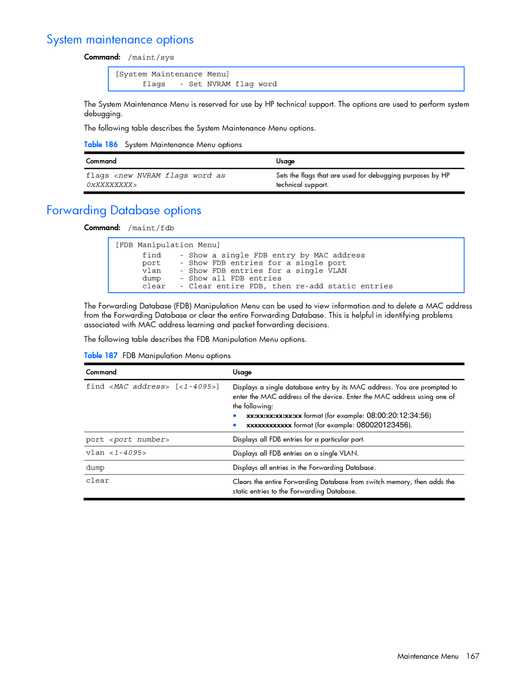 HP GbE2c manual System maintenance options, Forwarding Database options, Flags new Nvram flags word as, 0xXXXXXXXX 