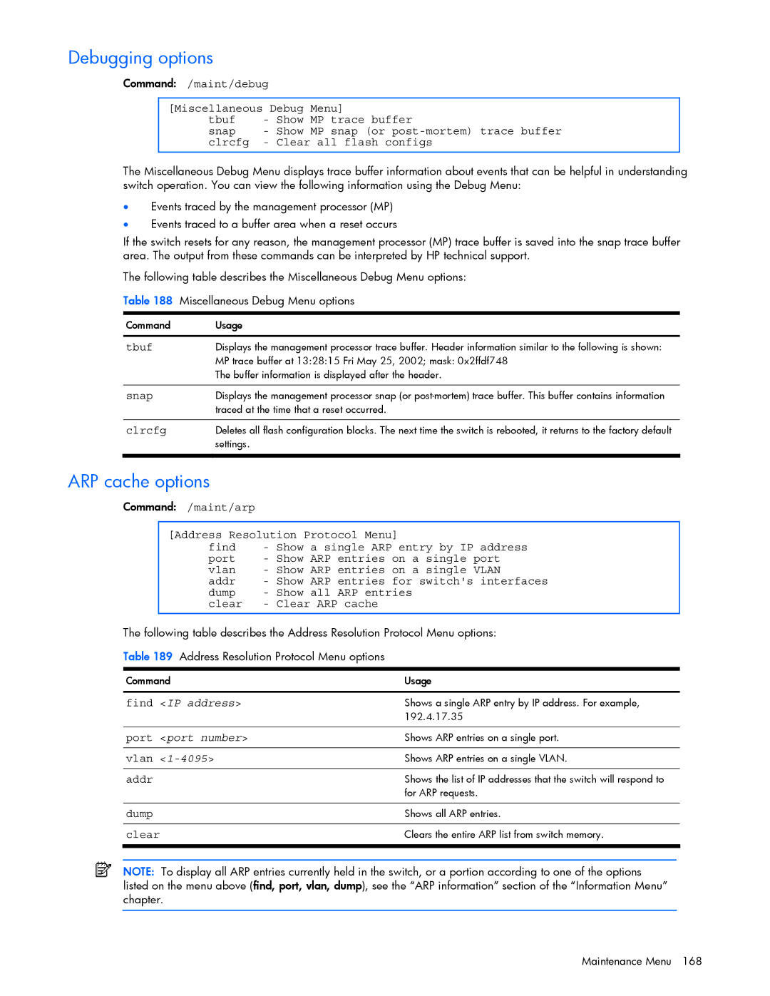 HP GbE2c manual Debugging options, ARP cache options 