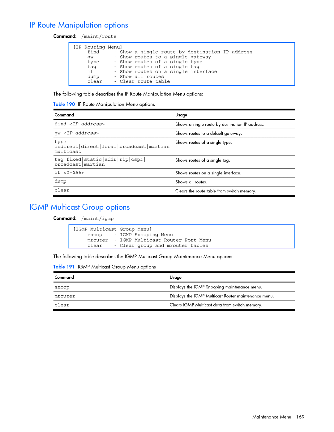 HP GbE2c manual IP Route Manipulation options, Igmp Multicast Group options 