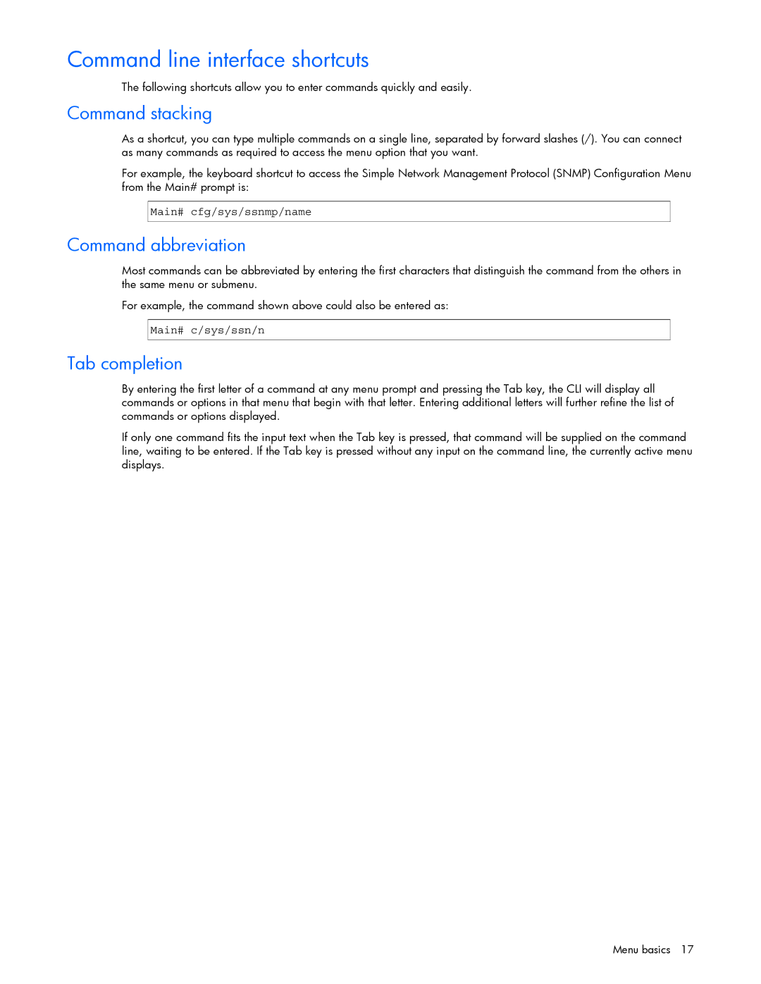 HP GbE2c manual Command line interface shortcuts, Command stacking, Command abbreviation, Tab completion 