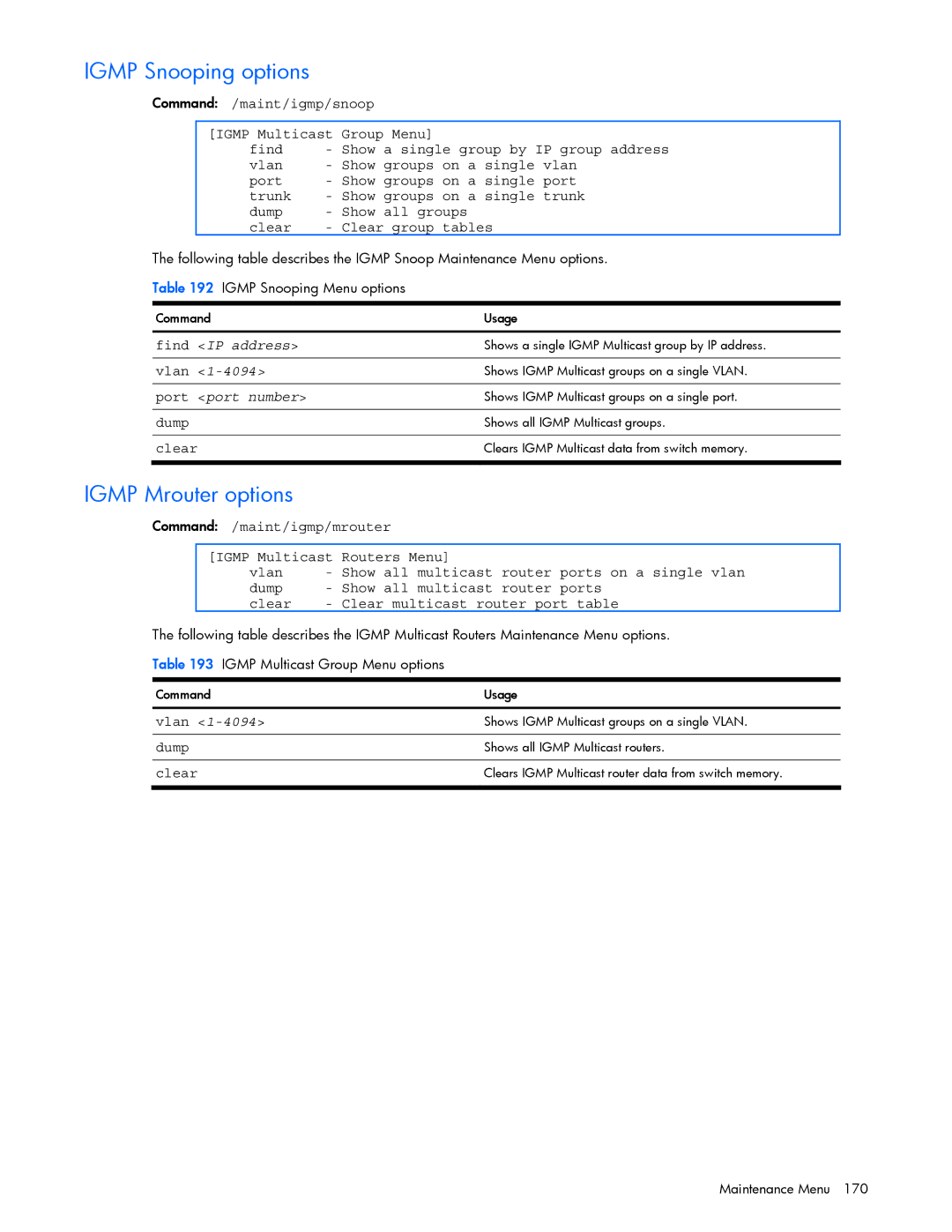 HP GbE2c manual Igmp Snooping options, Igmp Mrouter options 