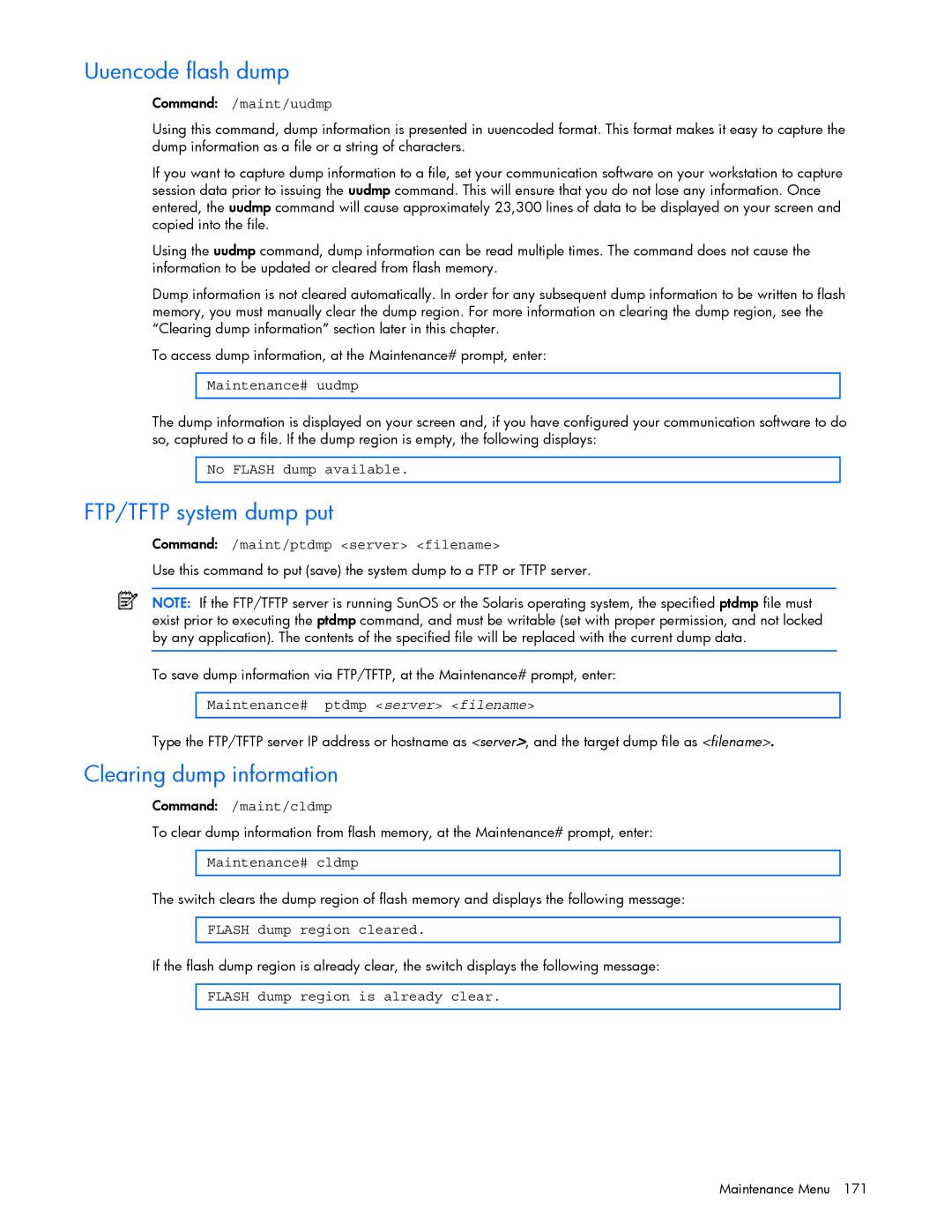 HP GbE2c manual Uuencode flash dump, FTP/TFTP system dump put, Clearing dump information 