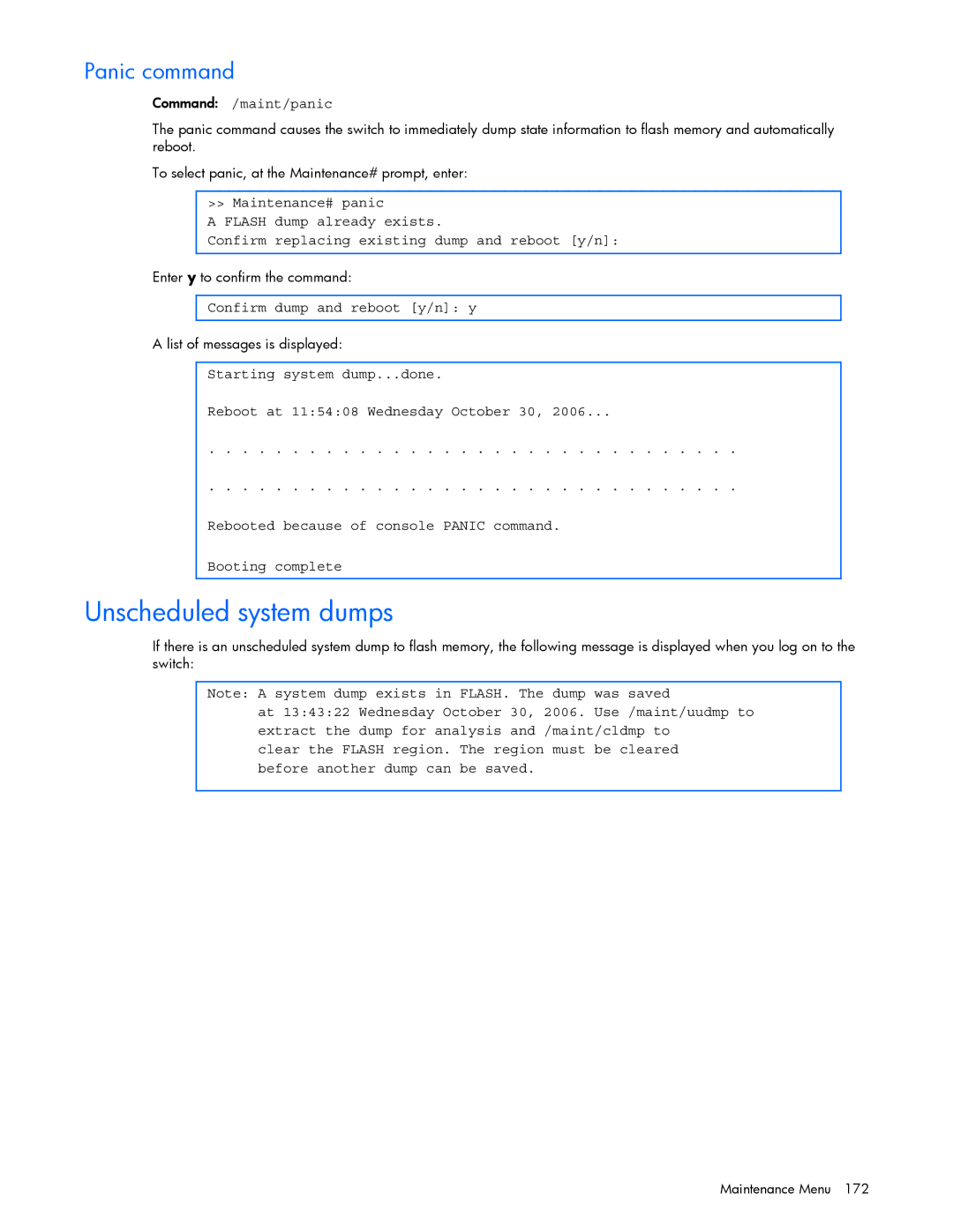 HP GbE2c manual Unscheduled system dumps, Panic command, Command /maint/panic, Confirm dump and reboot y/n y 