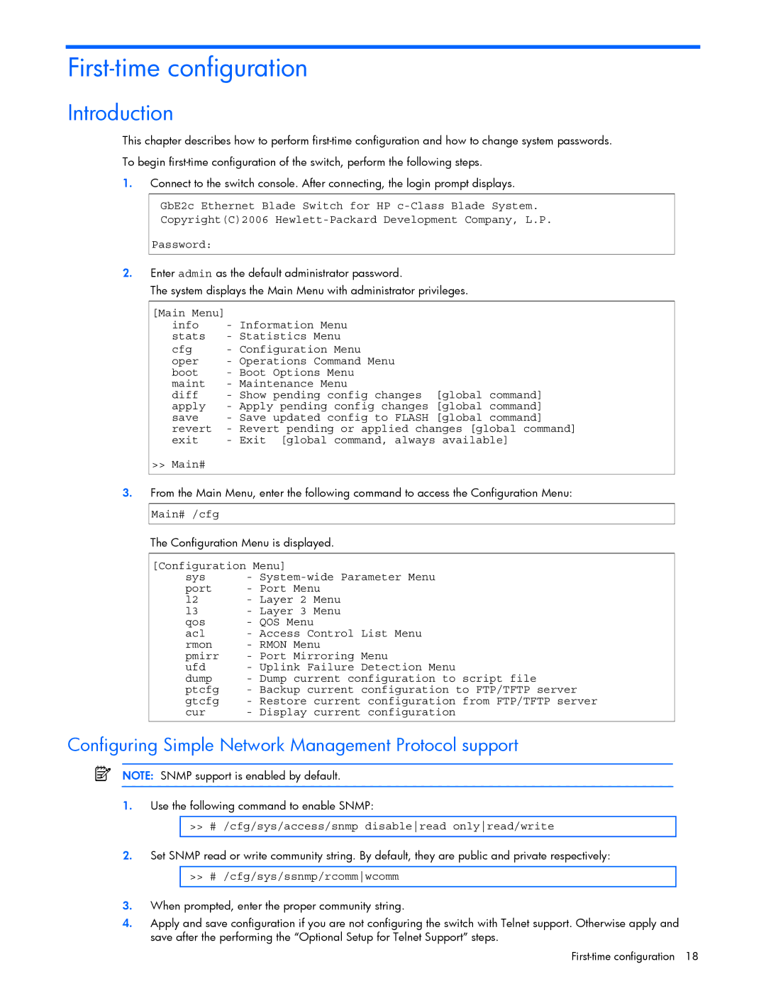 HP GbE2c manual Configuring Simple Network Management Protocol support, Main# /cfg, # /cfg/sys/ssnmp/rcommwcomm 