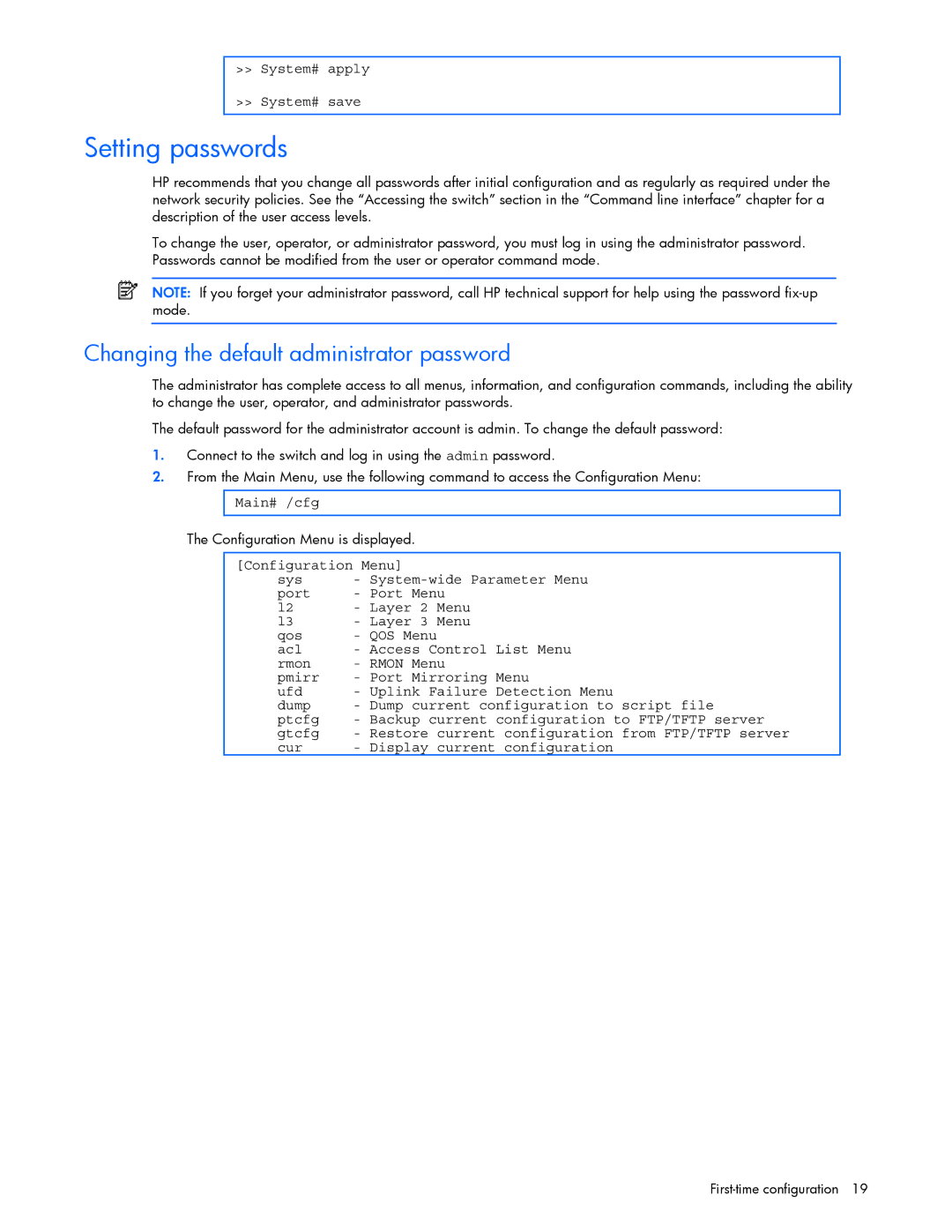 HP GbE2c manual Setting passwords, Changing the default administrator password, System# apply System# save 