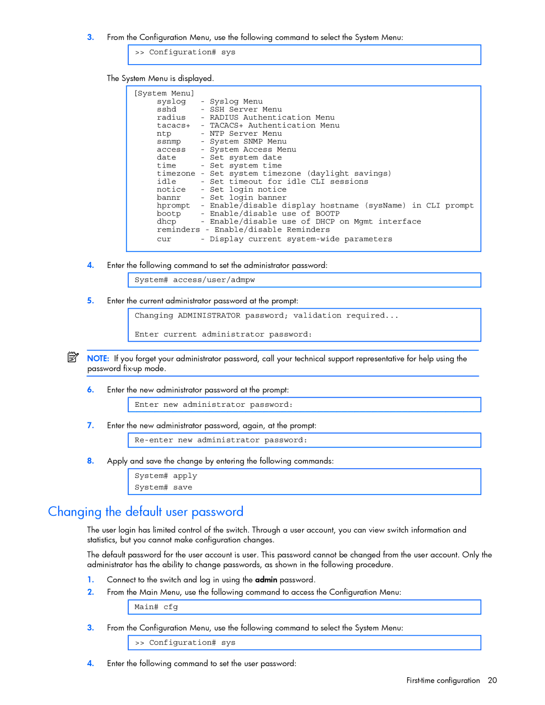 HP GbE2c manual Changing the default user password 