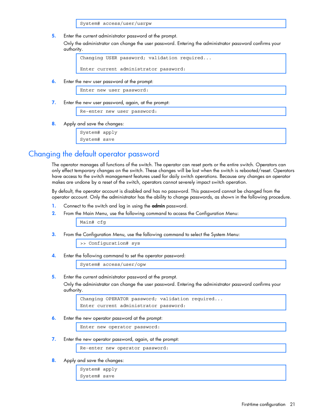 HP GbE2c manual Changing the default operator password 