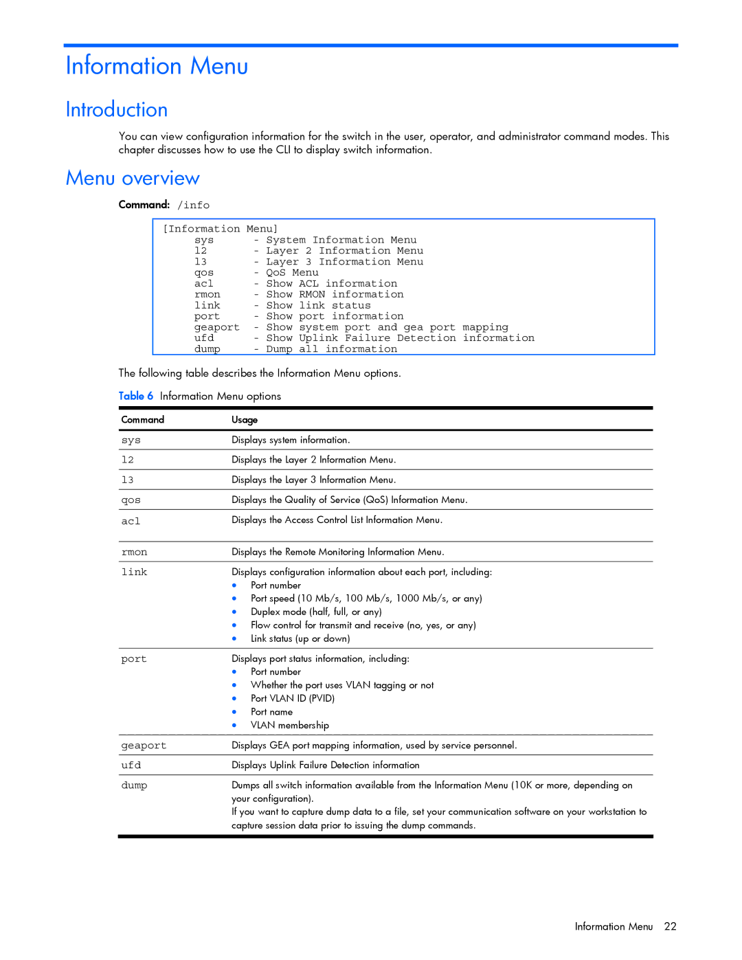 HP GbE2c manual Information Menu, Menu overview 