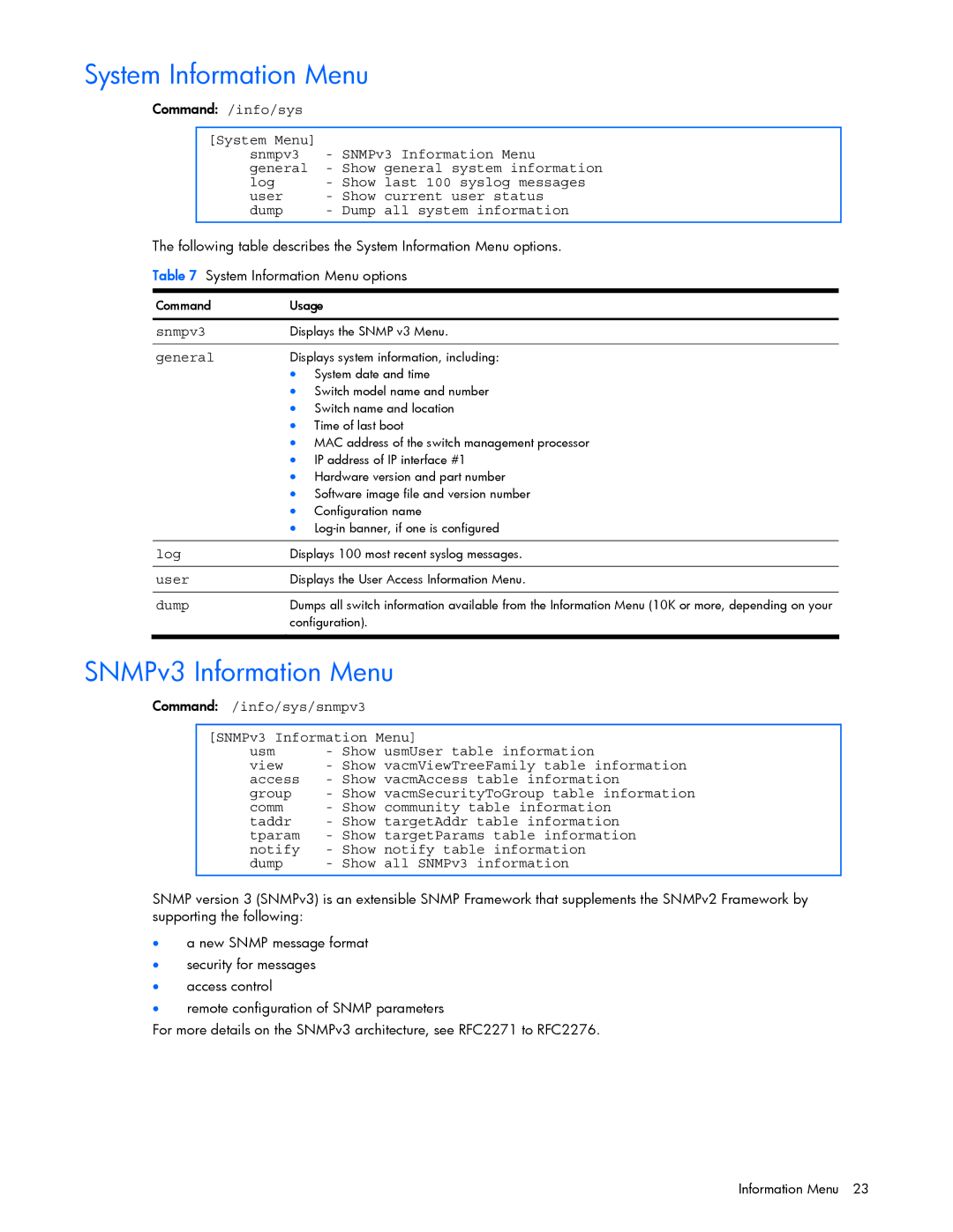 HP GbE2c manual System Information Menu, SNMPv3 Information Menu 