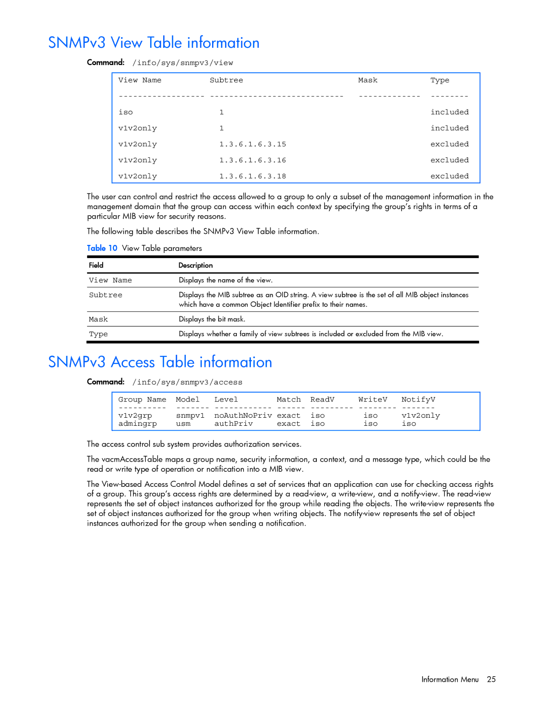 HP GbE2c manual SNMPv3 View Table information, SNMPv3 Access Table information 