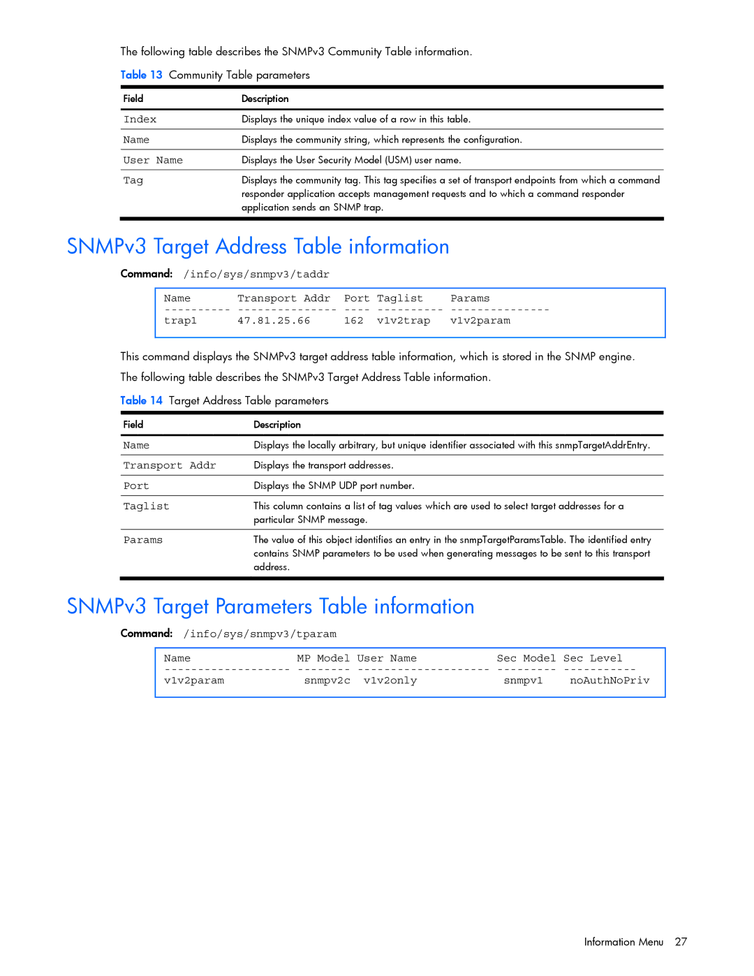 HP GbE2c manual SNMPv3 Target Address Table information, SNMPv3 Target Parameters Table information 