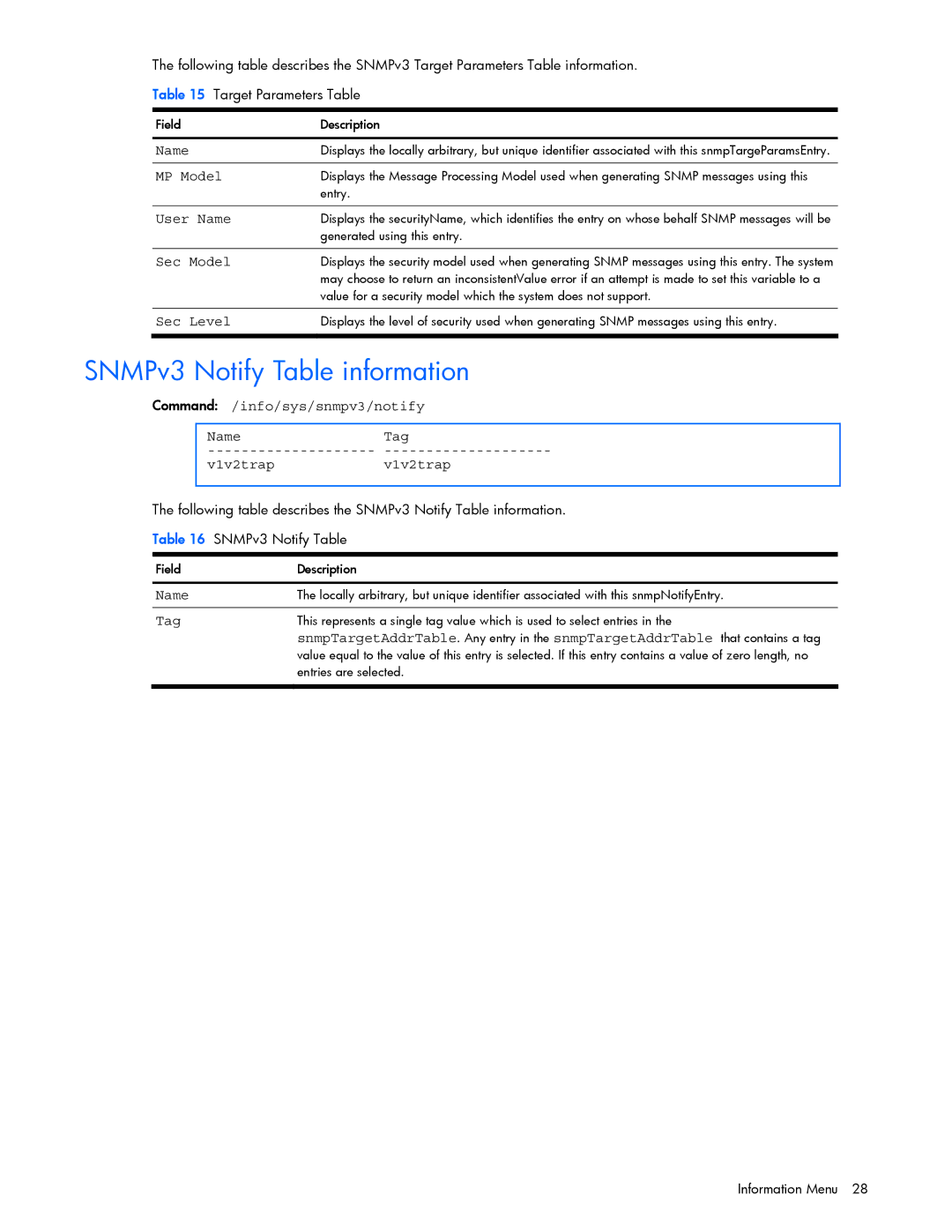 HP GbE2c manual SNMPv3 Notify Table information, Sec Level, Command /info/sys/snmpv3/notify NameTag V1v2trapv1v2trap 