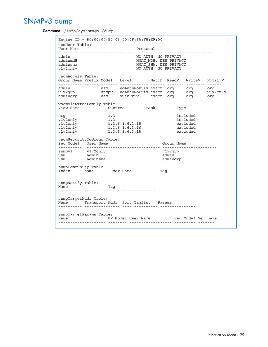 HP GbE2c manual SNMPv3 dump, No AUTH, no Privacy 