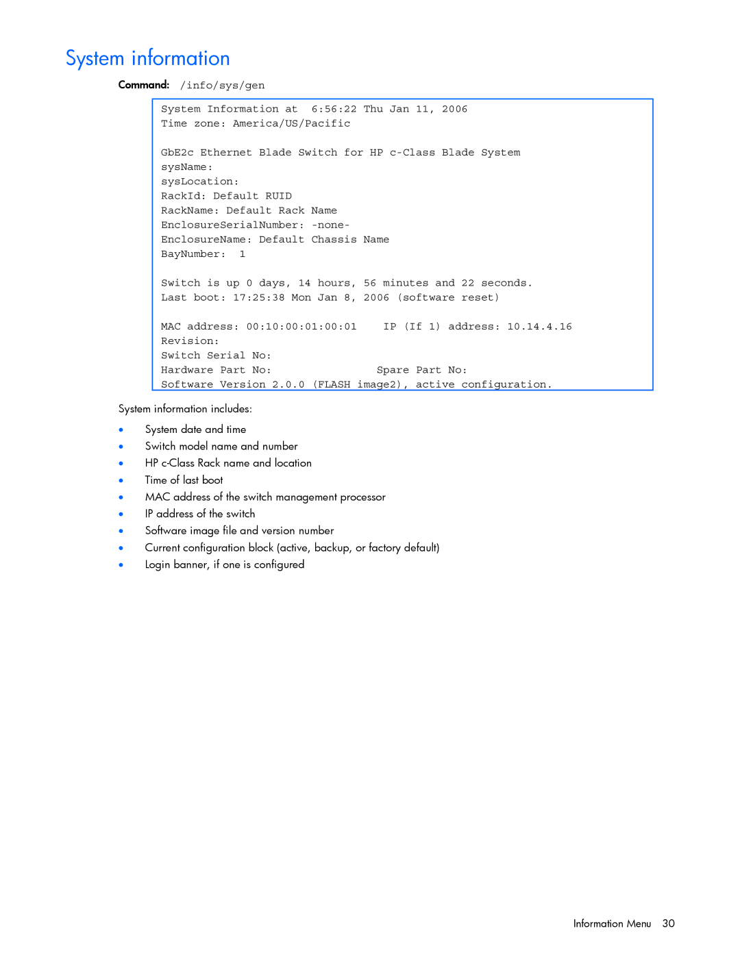 HP GbE2c manual System information 