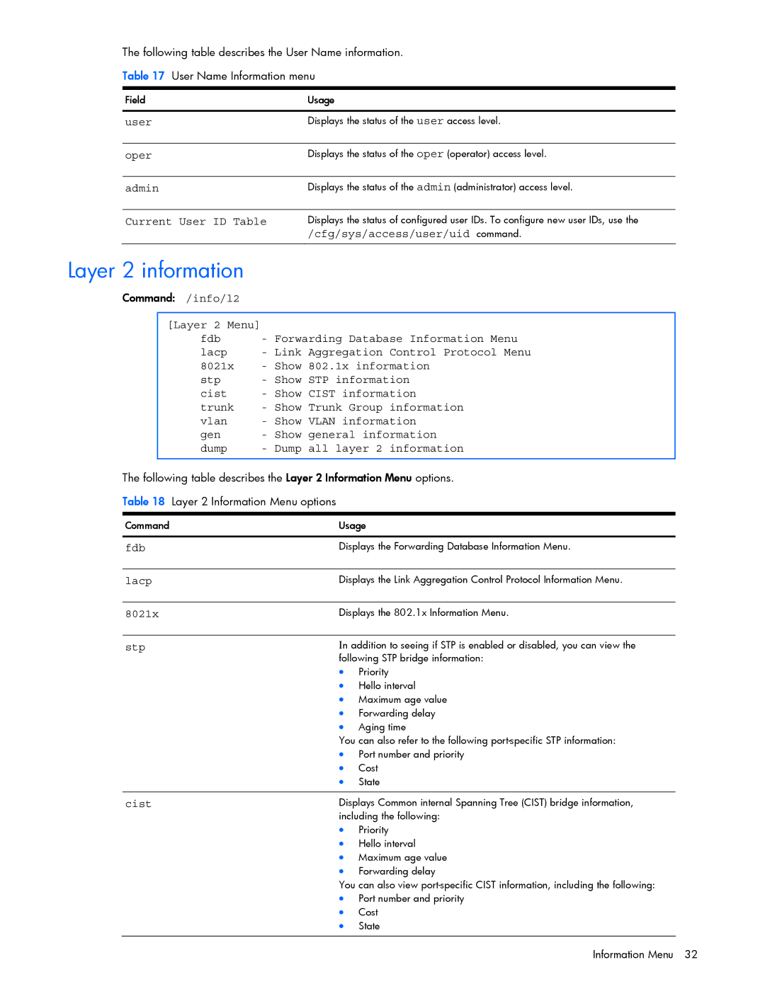 HP GbE2c manual Layer 2 information, Cfg/sys/access/user/uid command, 8021x Stp 