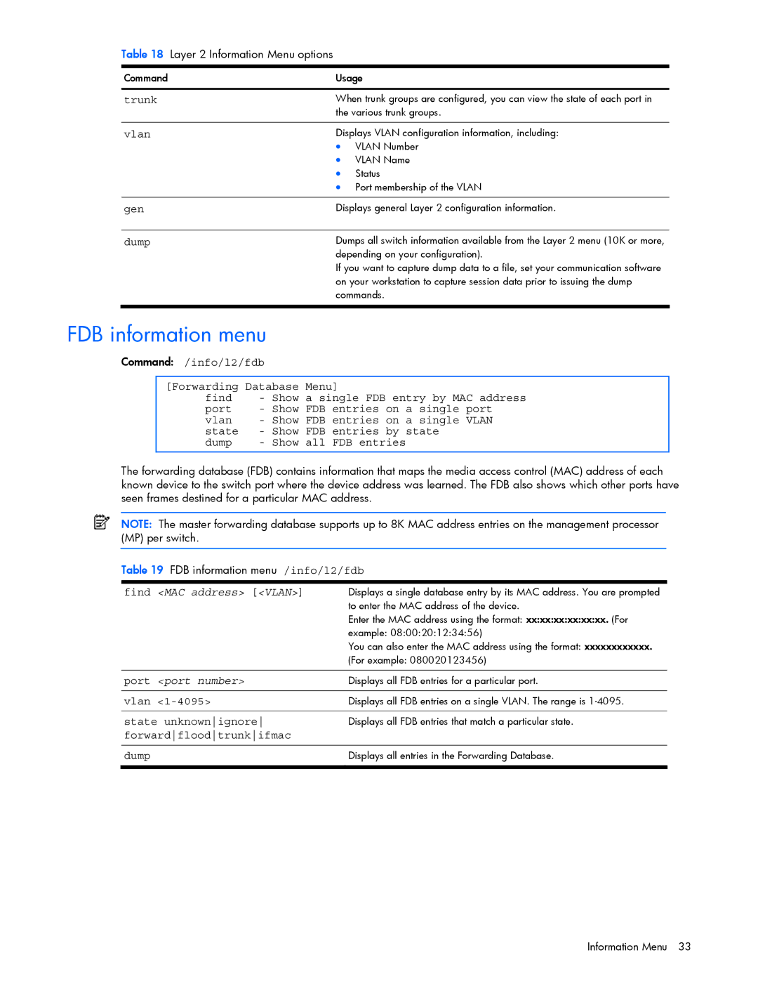 HP GbE2c manual FDB information menu, Find MAC address Vlan, Port port number 