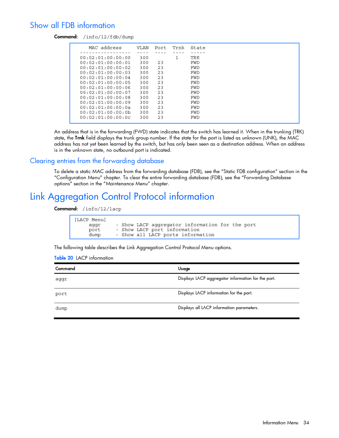 HP GbE2c manual Link Aggregation Control Protocol information, Show all FDB information, Vlan, Trk, Fwd 