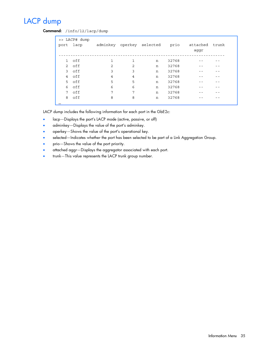 HP GbE2c manual Lacp dump 