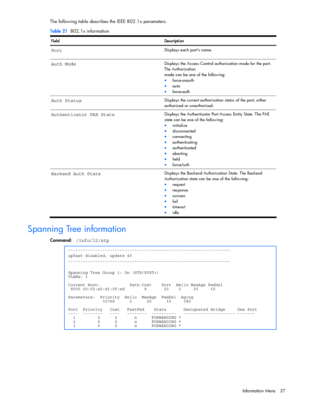 HP GbE2c manual Spanning Tree information, Port Auth Mode Auth Status, Authenticator PAE State, Backend Auth State 