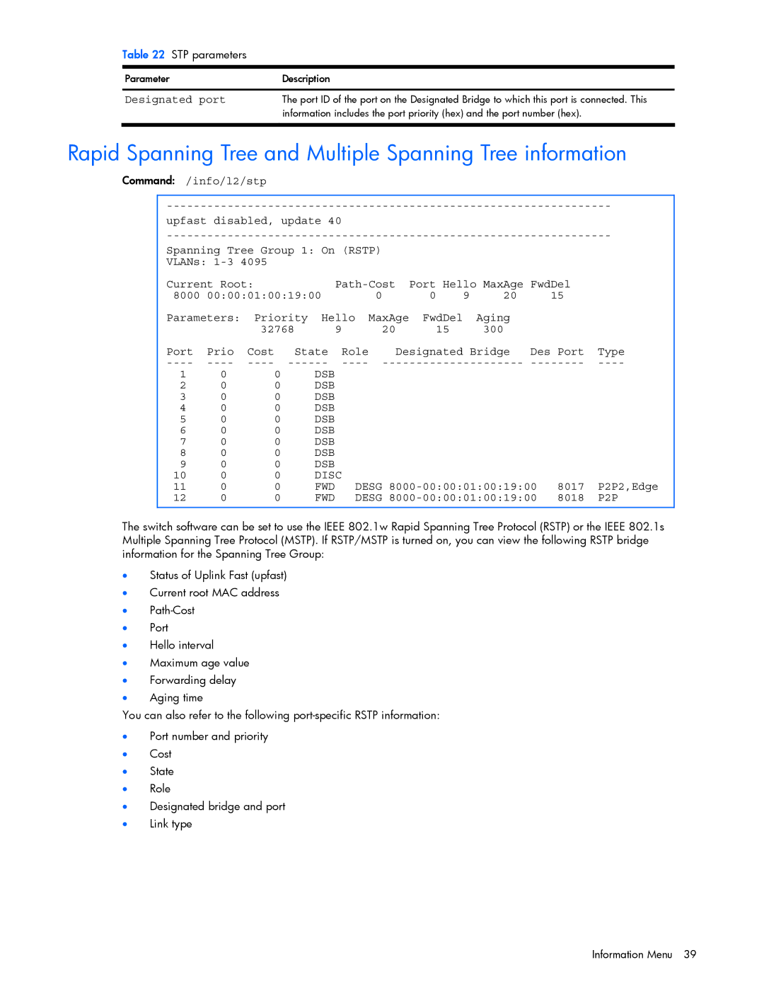 HP GbE2c manual Rapid Spanning Tree and Multiple Spanning Tree information, DSB Disc FWD, P2P 