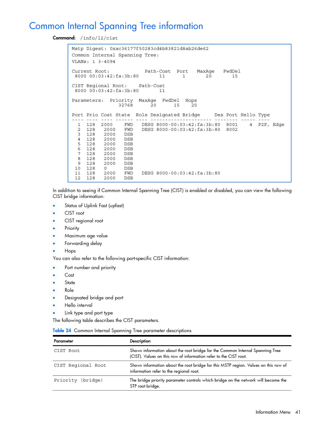 HP GbE2c manual Common Internal Spanning Tree information, Dsb 