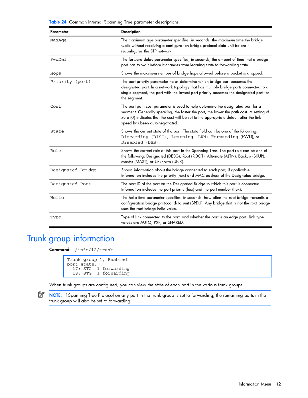 HP GbE2c manual Trunk group information, Discarding Disc , Learning LRN , Forwarding FWD , or, Disabled DSB 