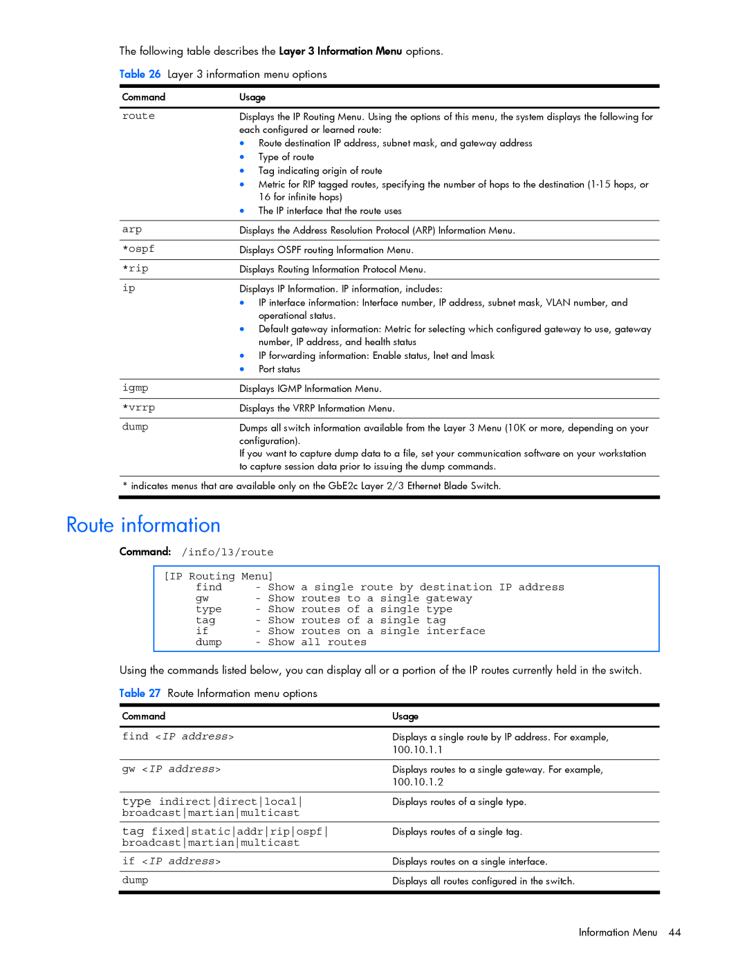 HP GbE2c manual Route information, Find IP address, Gw IP address, If IP address 