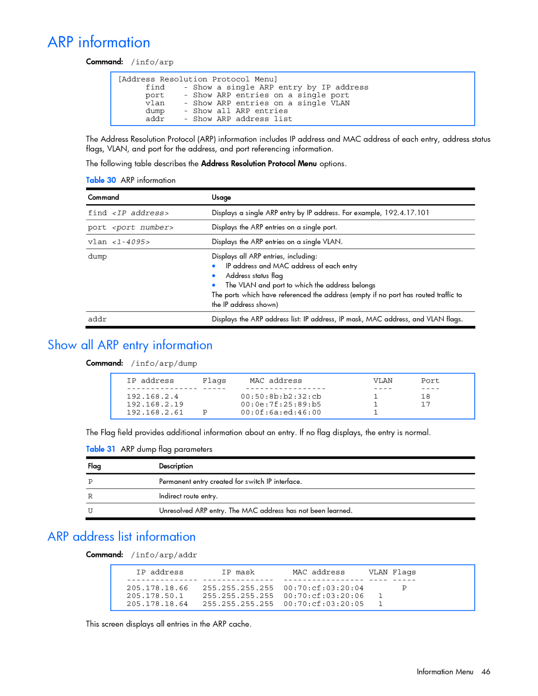 HP GbE2c manual ARP information, Show all ARP entry information, Arp, Vlan 