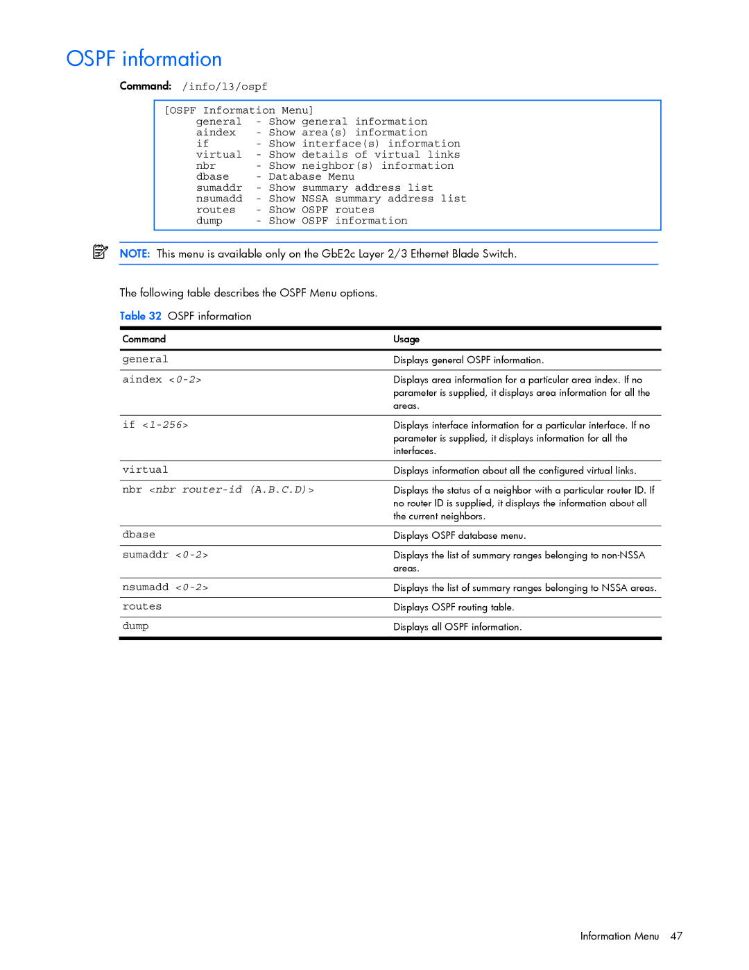 HP GbE2c manual Ospf information, Nbr nbr router-id A.B.C.D, Dbase Sumaddr Nsumadd Routes Dump 