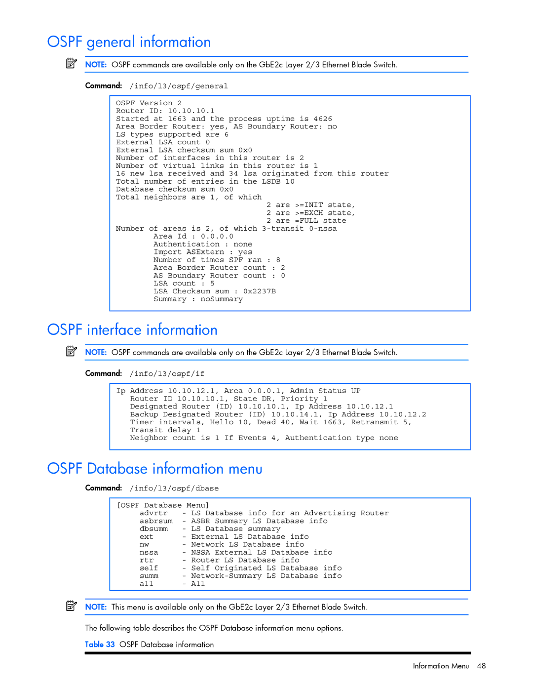 HP GbE2c manual Ospf general information, Ospf interface information, Ospf Database information menu, Asbr, Nssa 