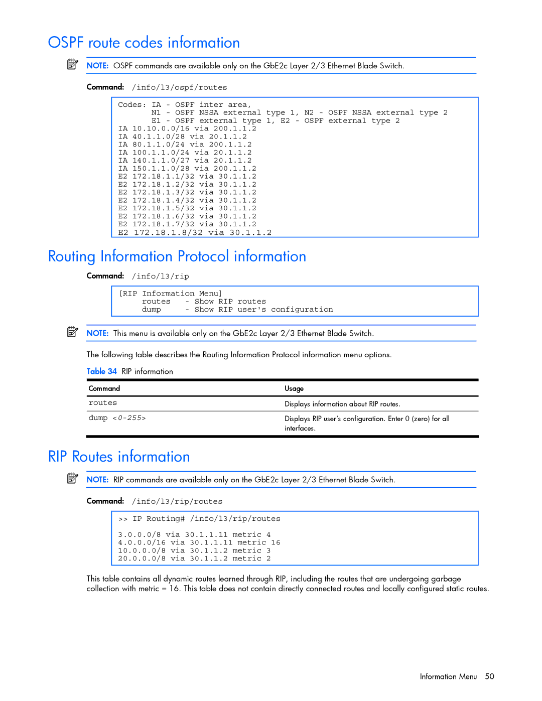 HP GbE2c manual Ospf route codes information, Routing Information Protocol information, RIP Routes information, Rip 