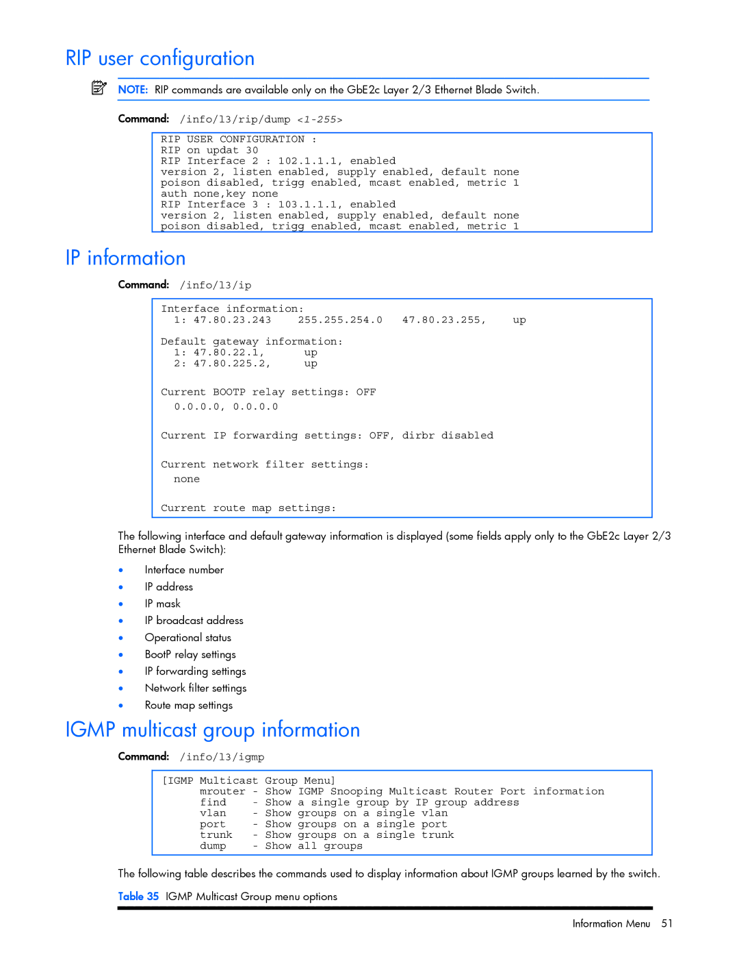 HP GbE2c manual RIP user configuration, IP information, Igmp multicast group information 