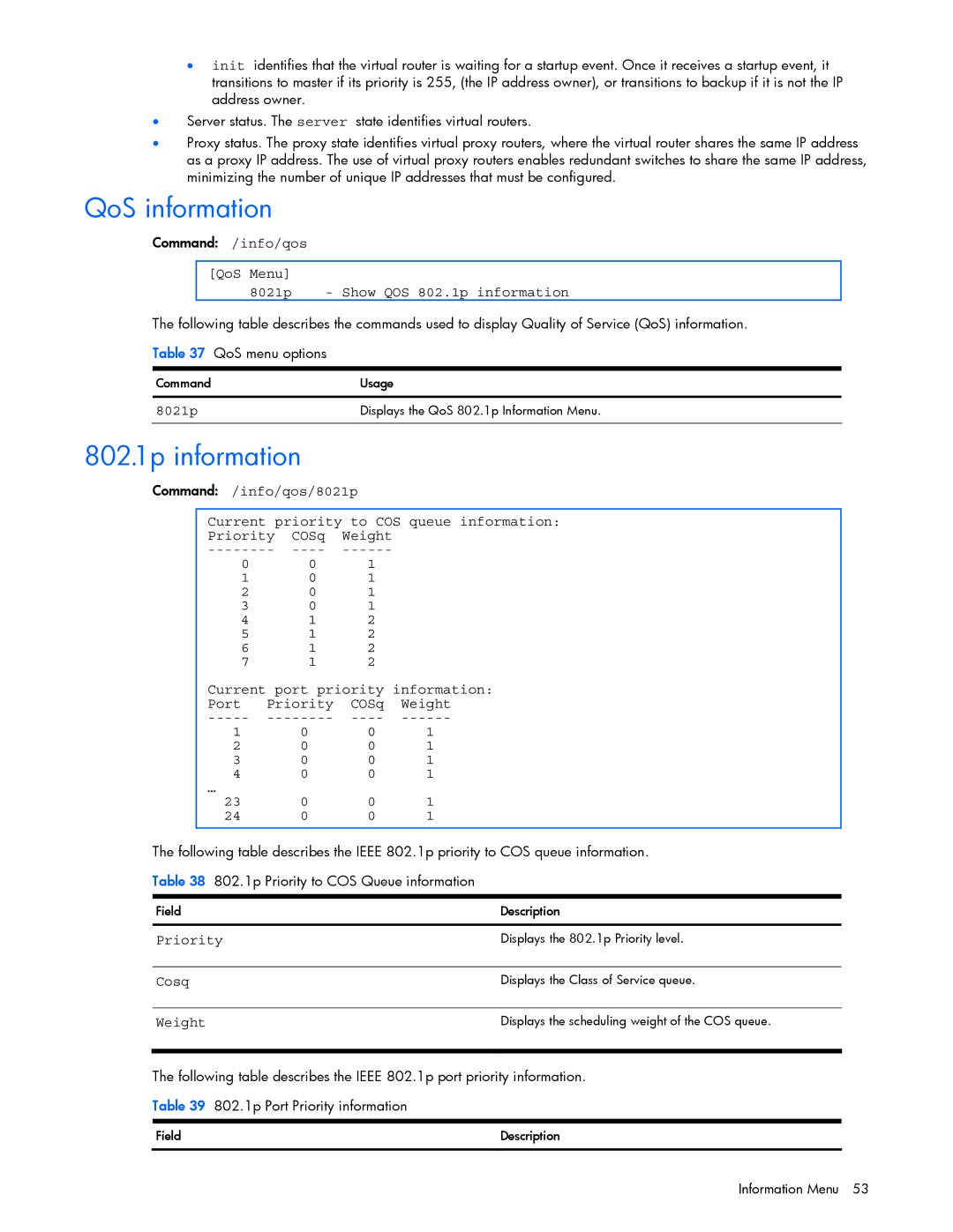 HP GbE2c manual QoS information, QoS Menu 8021p Show QOS 802.1p information 