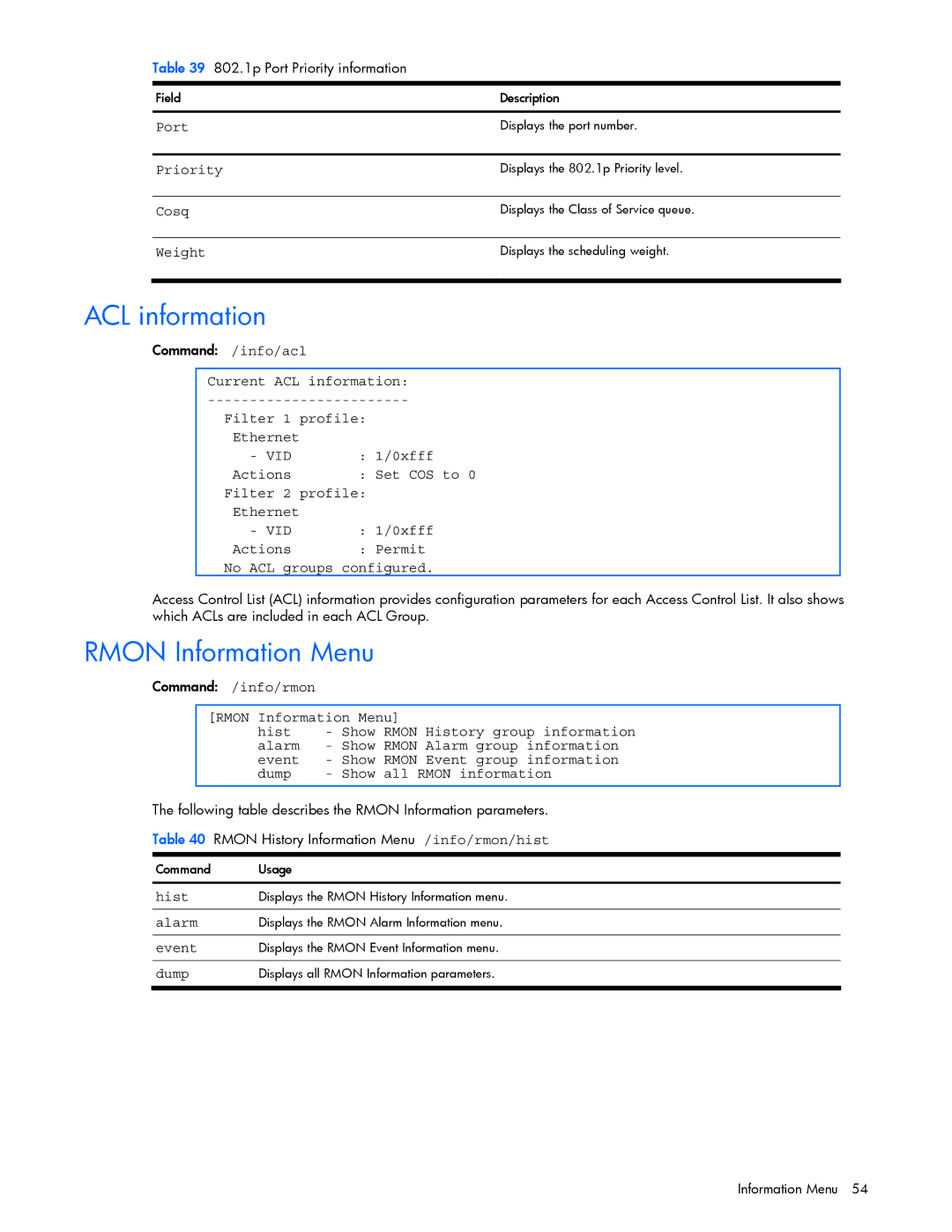 HP GbE2c manual ACL information, Rmon Information Menu, Vid 