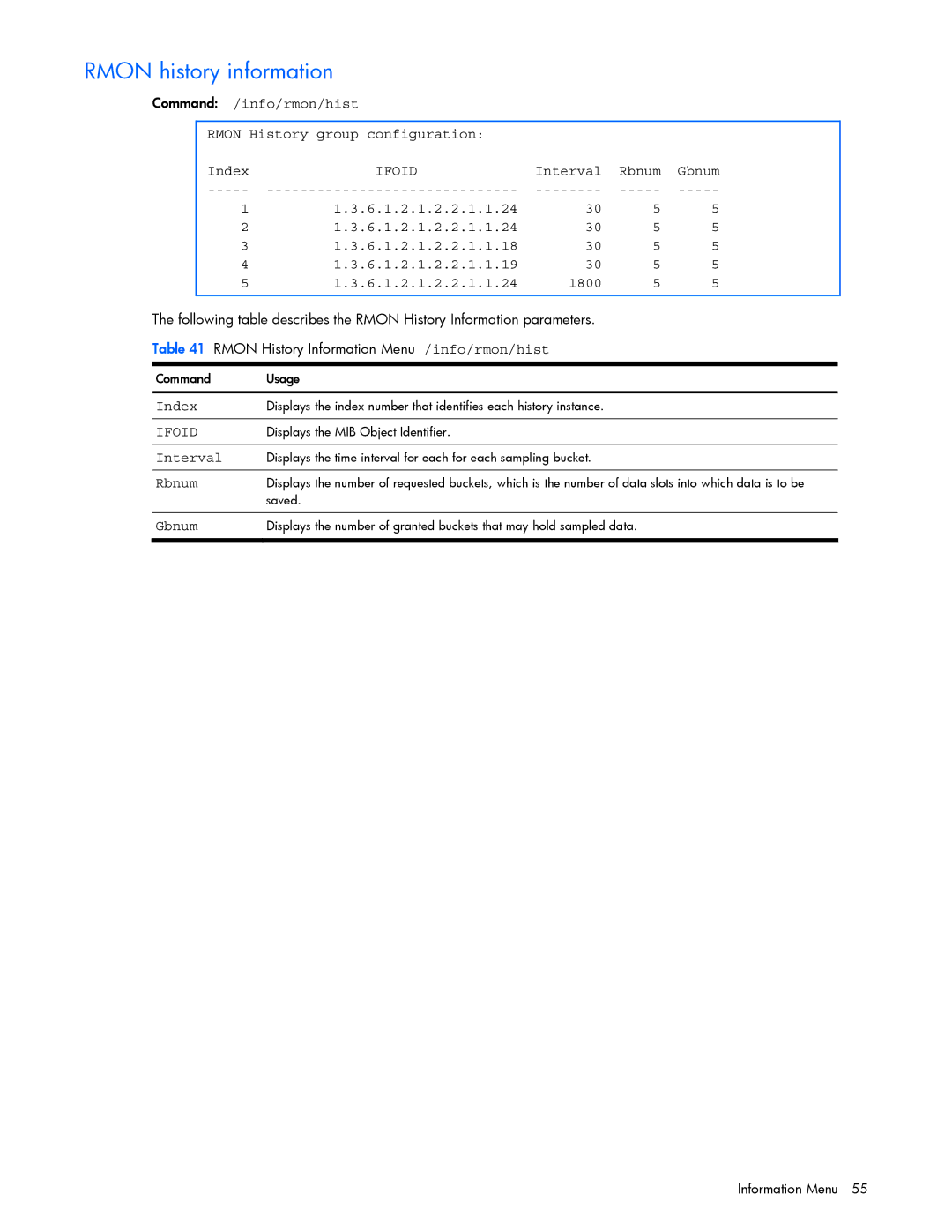 HP GbE2c manual Rmon history information, Ifoid, Interval 