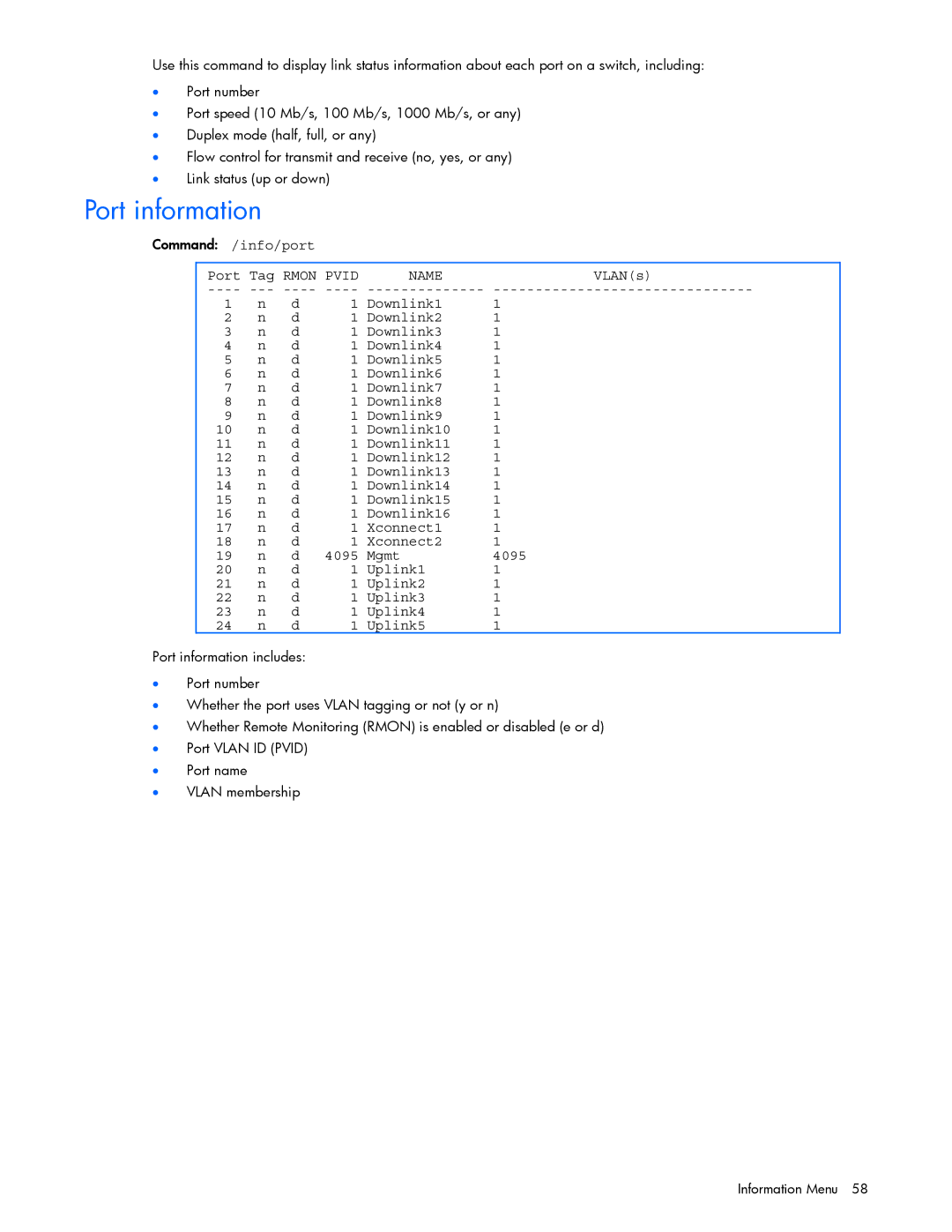 HP GbE2c manual Port information, Command /info/port Port Tag Rmon Pvid, Name, VLANs 