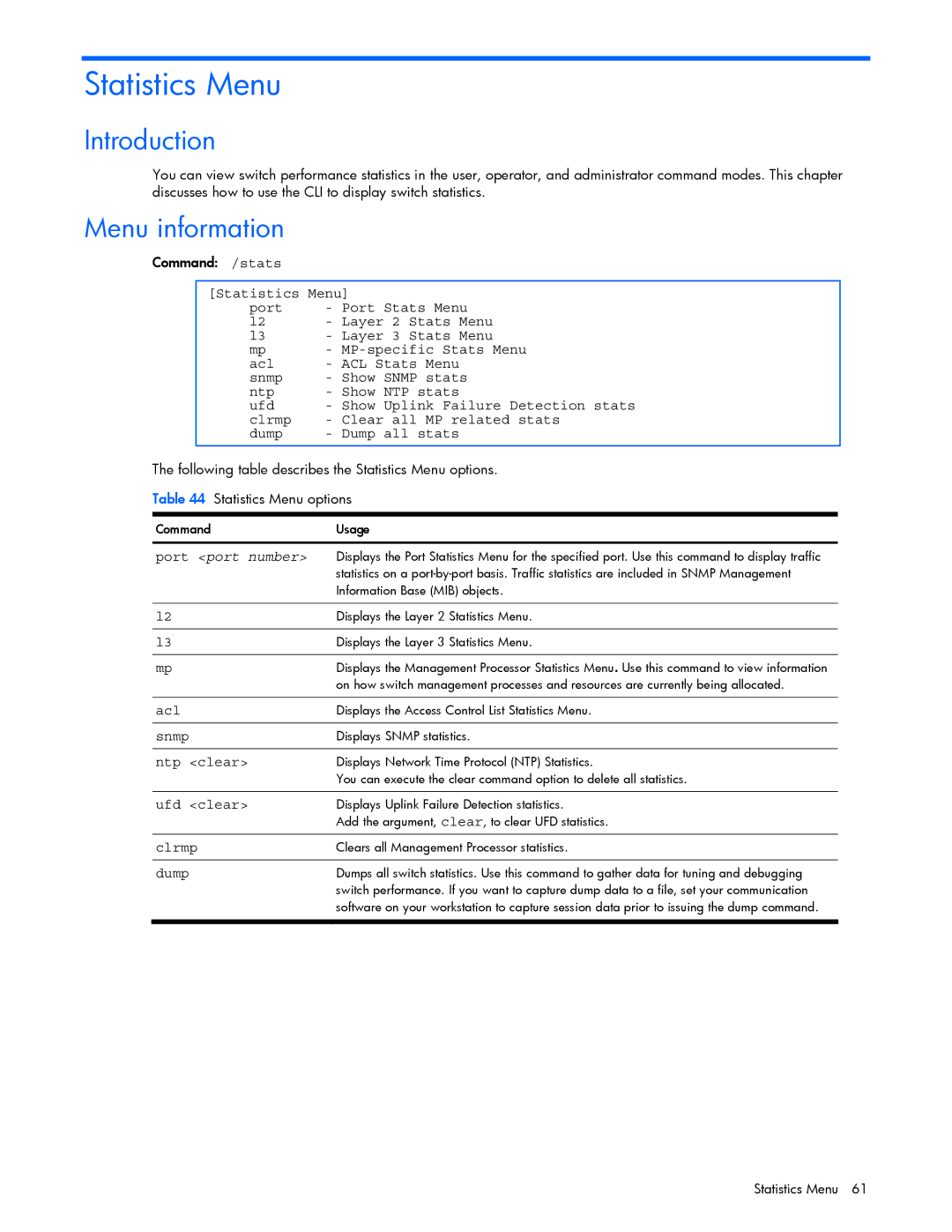 HP GbE2c manual Menu information, Ntp clear, Ufd clear 