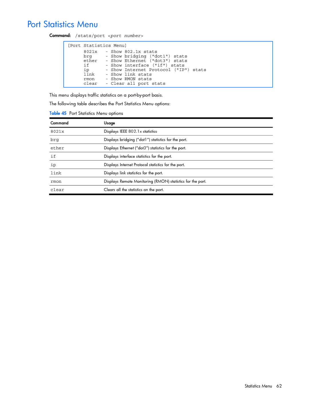 HP GbE2c manual Port Statistics Menu, 8021x 