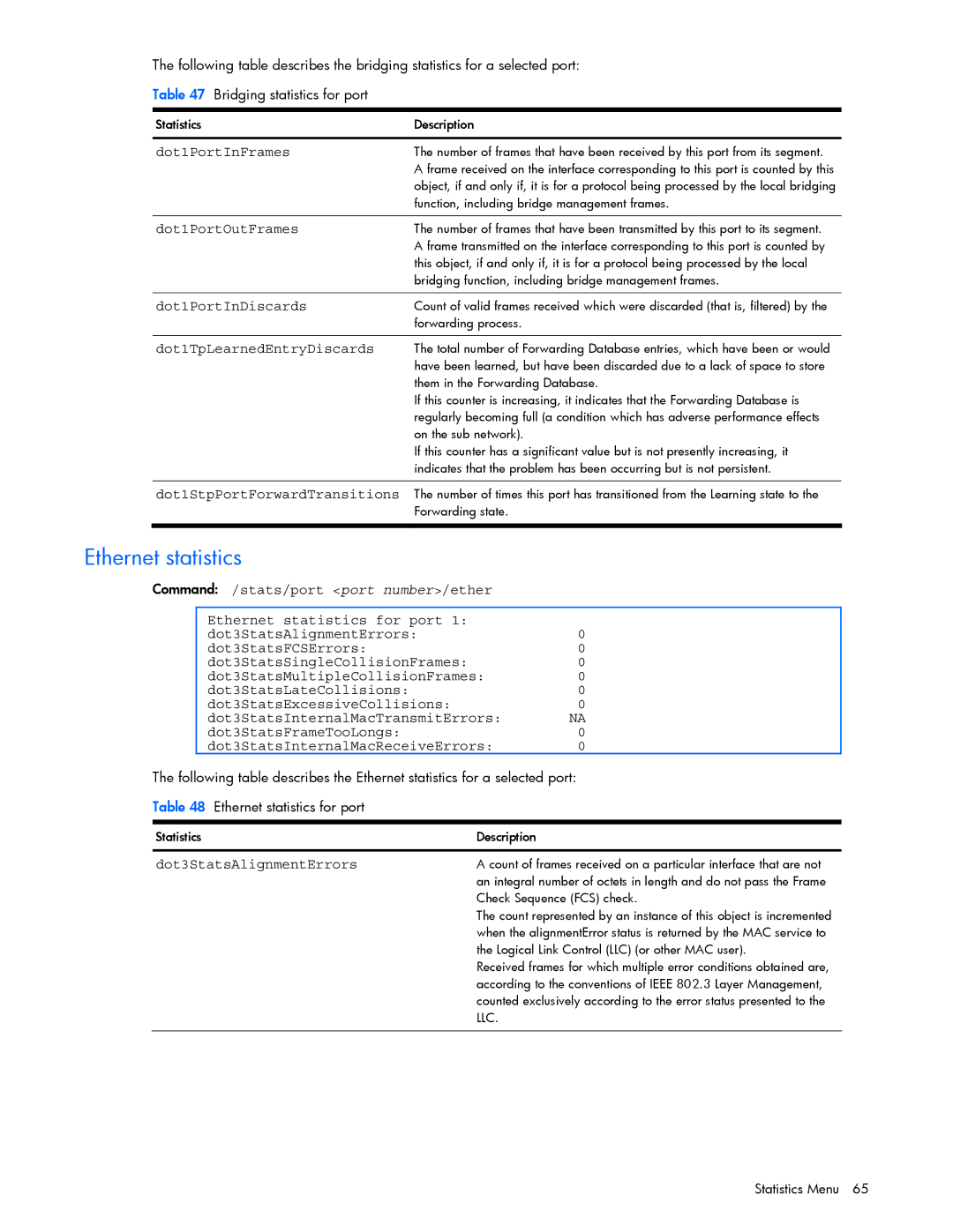 HP GbE2c manual Ethernet statistics 